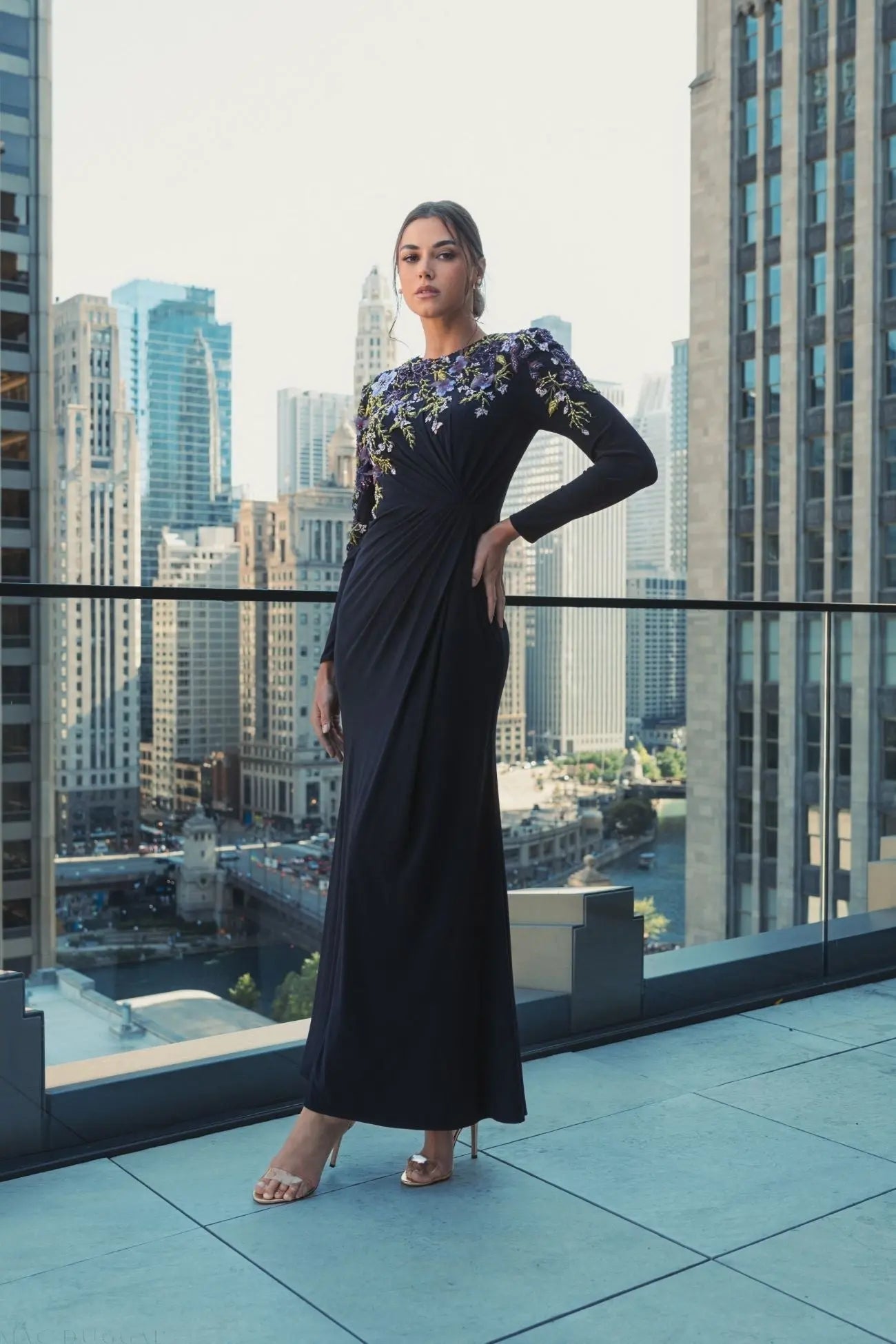Navy Embellished Long Sleeve Fitted Jersey Gown