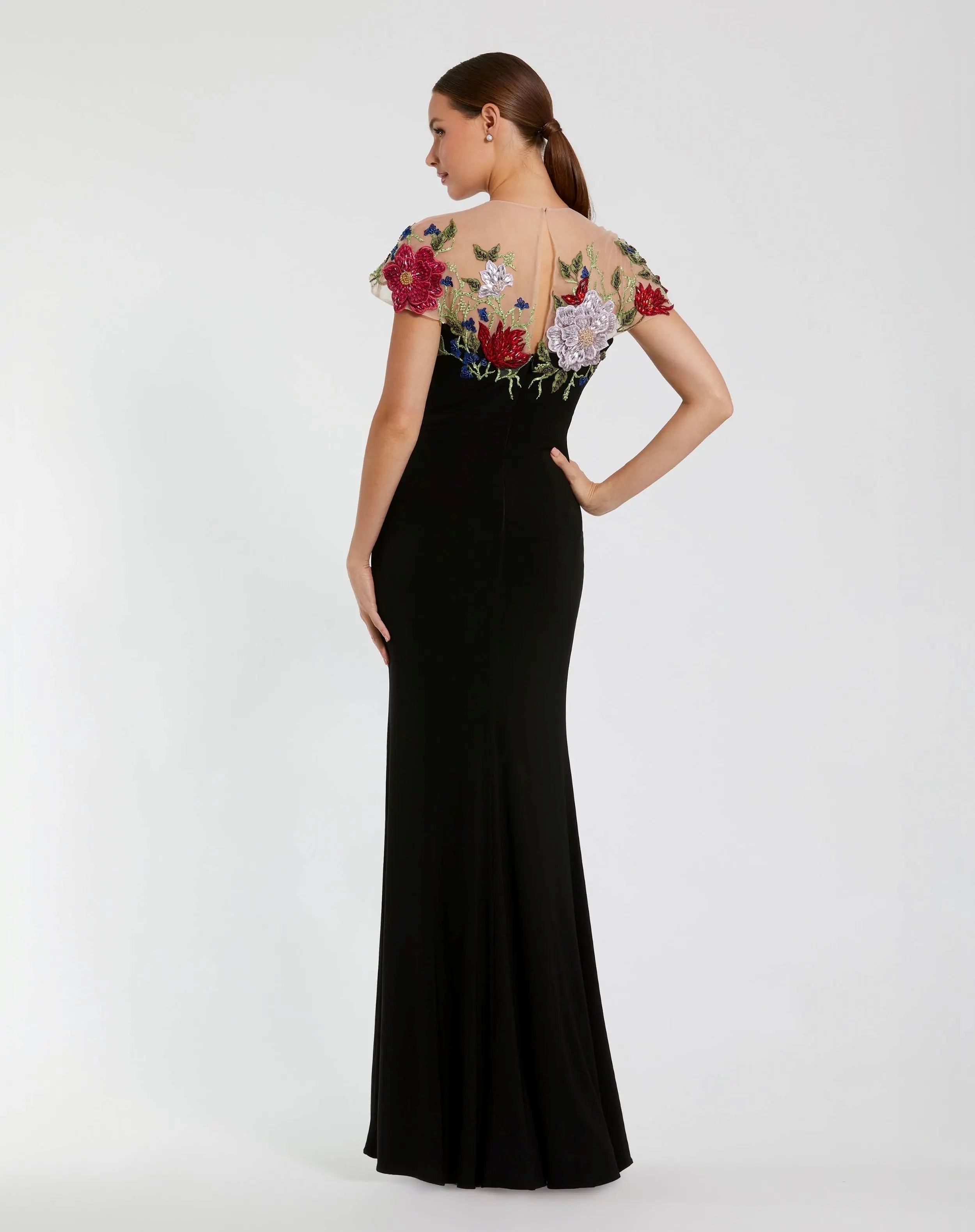 Black Floral Embellished Jersey Column Gown