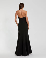 Black Strapless Crepe Trumpet Gown with 3D Rhinestone Flower