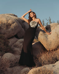 Black Strapless Crepe Trumpet Gown with 3D Rhinestone Flower