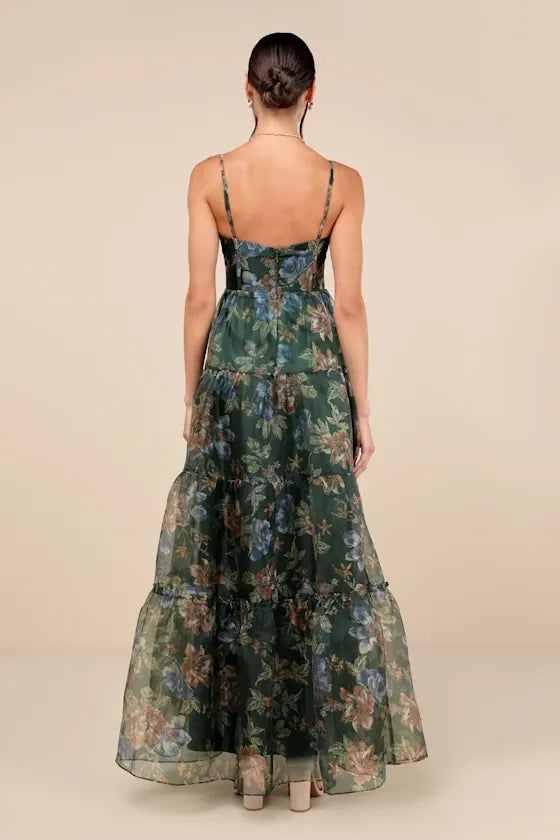Exclusive Glamour Green Floral Organza Tiered Maxi Dress