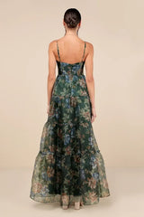 Exclusive Glamour Green Floral Organza Tiered Maxi Dress