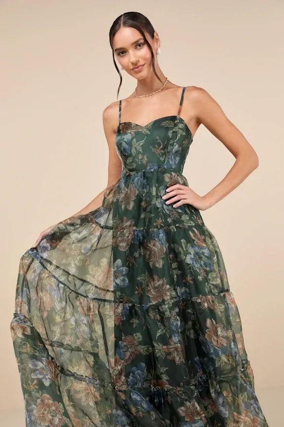 Exclusive Glamour Green Floral Organza Tiered Maxi Dress