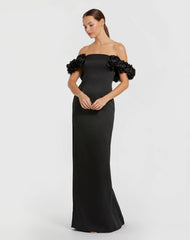 Black Satin 3D Flower Off The Shoulder Mermaid Gown