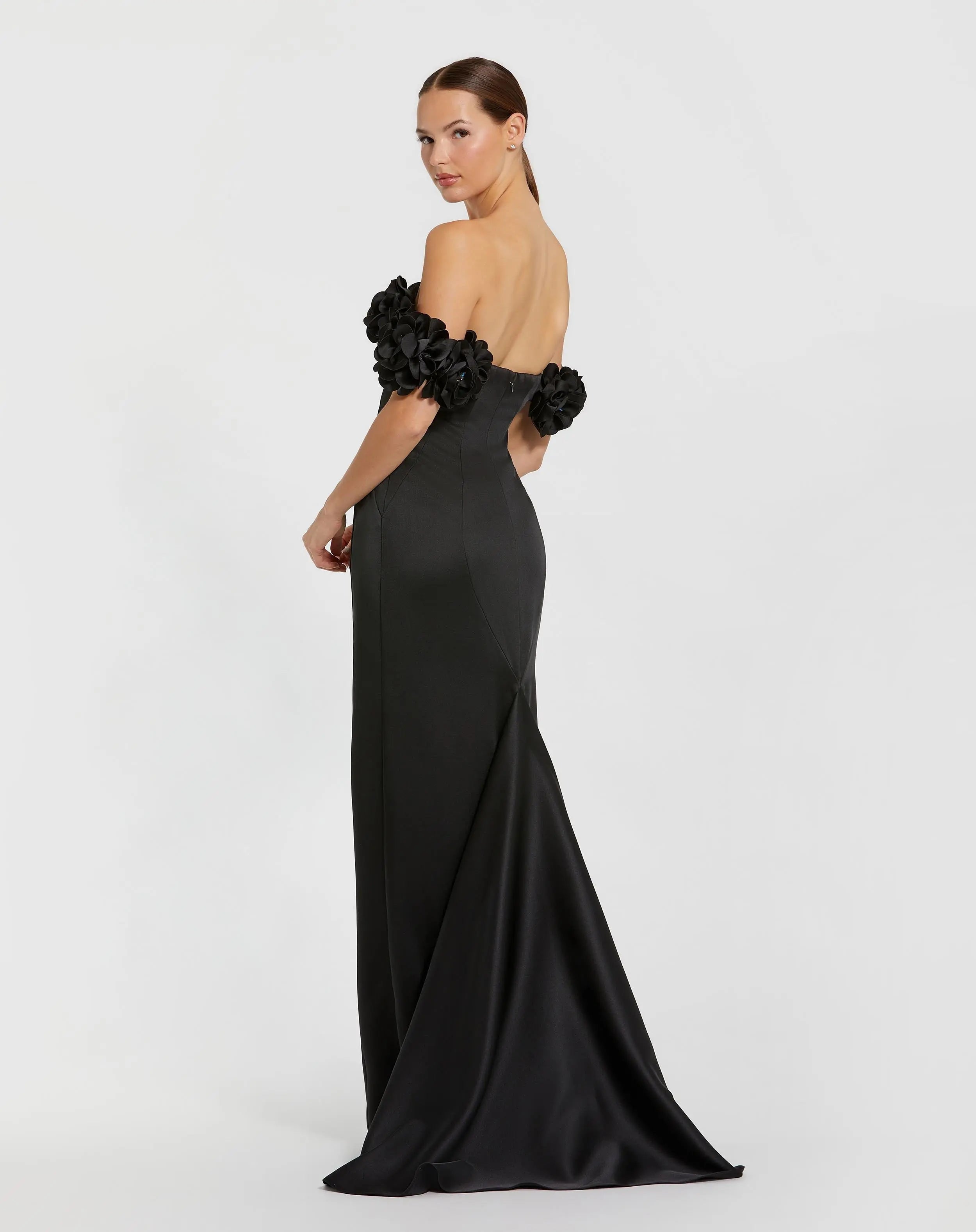 Black Satin 3D Flower Off The Shoulder Mermaid Gown