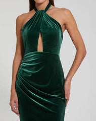 Green Twist Neck Open Front Velvet Draped Gown