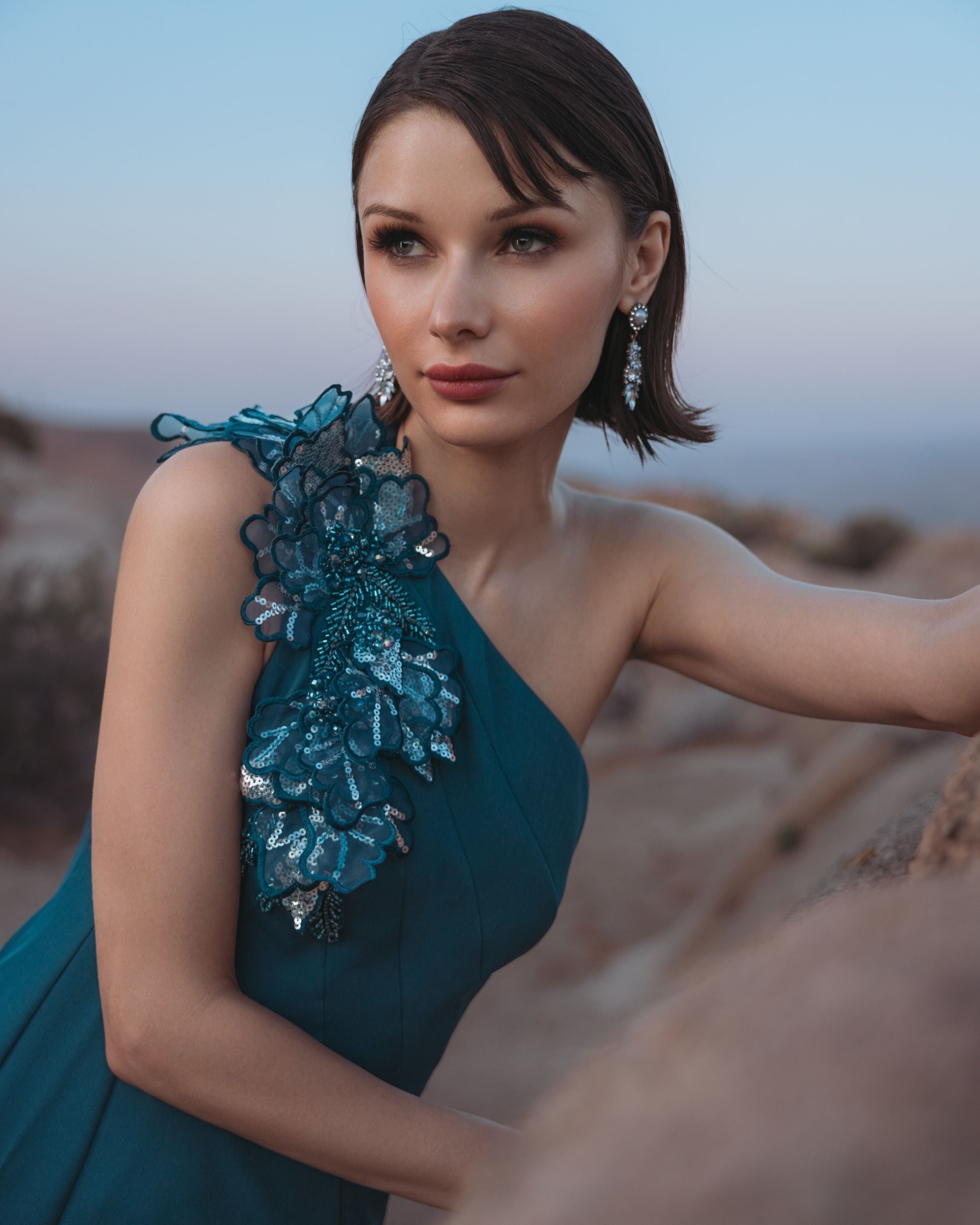 Blue One Shoulder Mermaid Gown with 3D Flowers
