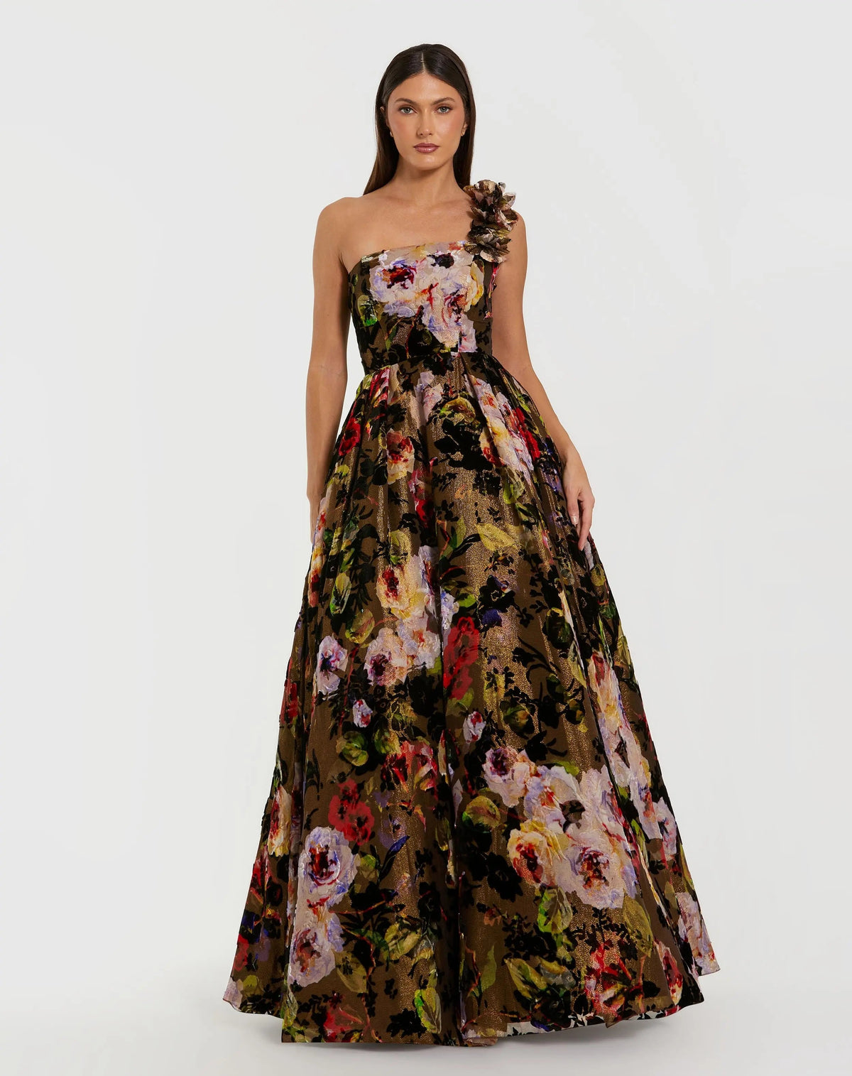 Multicolor One Shoulder Floral Velvet Ball Gown