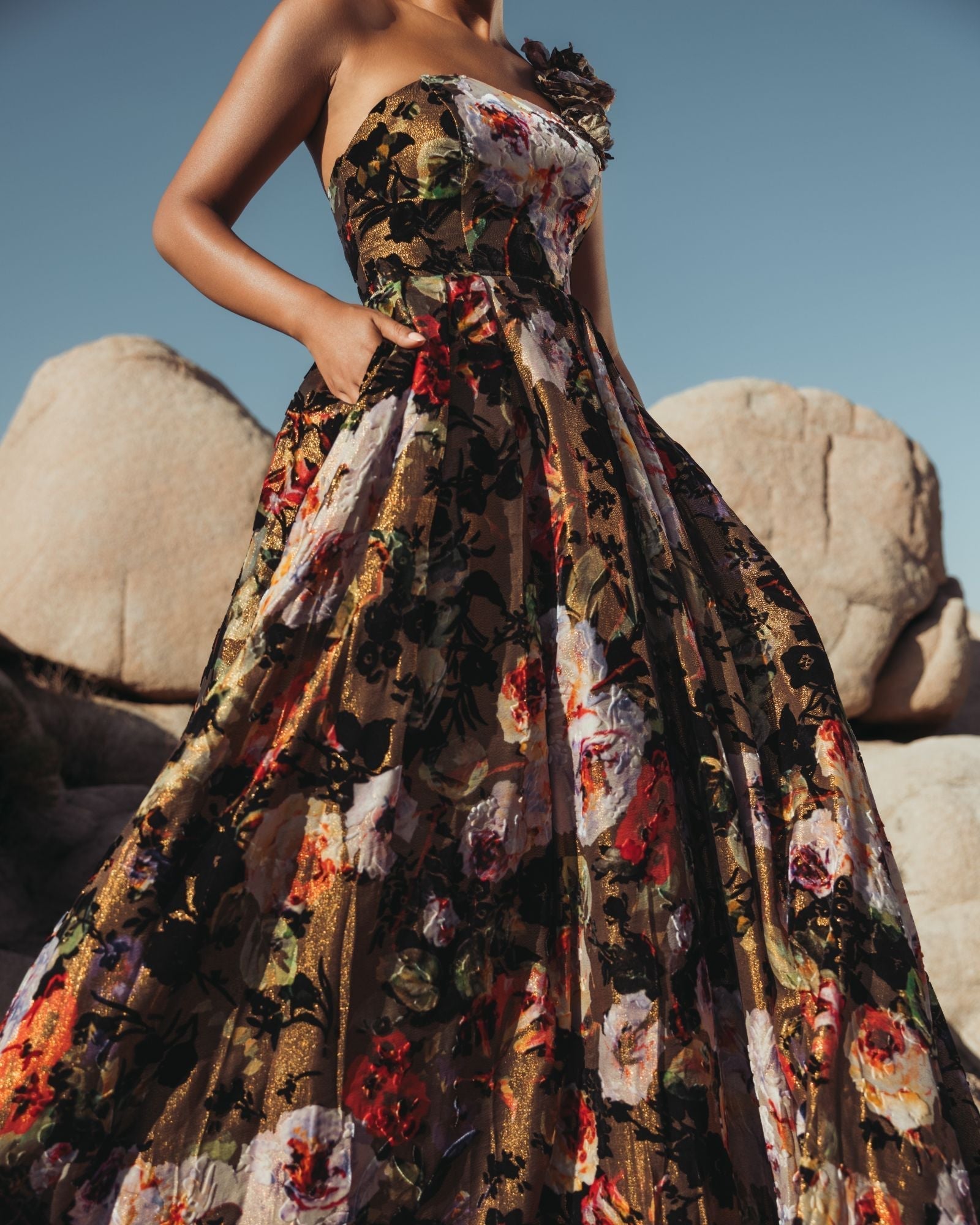 Multicolor One Shoulder Floral Velvet Ball Gown
