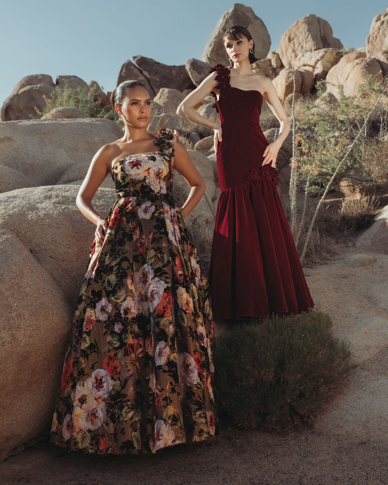 Multicolor One Shoulder Floral Velvet Ball Gown