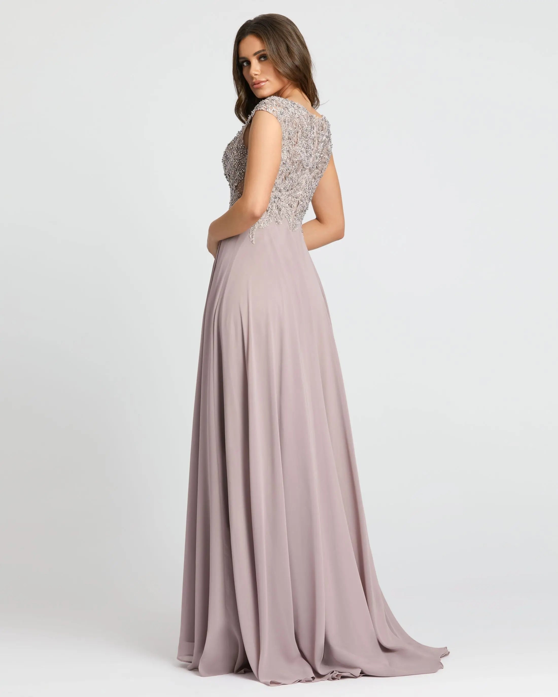 Light Purple Cap Sleeve Applique Bodice Flowy Gown