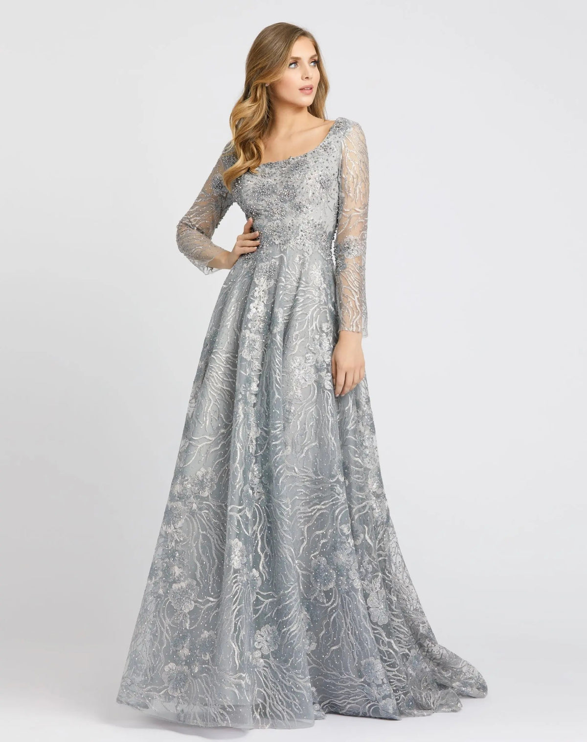 Gray Jewel Encrusted Long Sleeve Square Neck Gown
