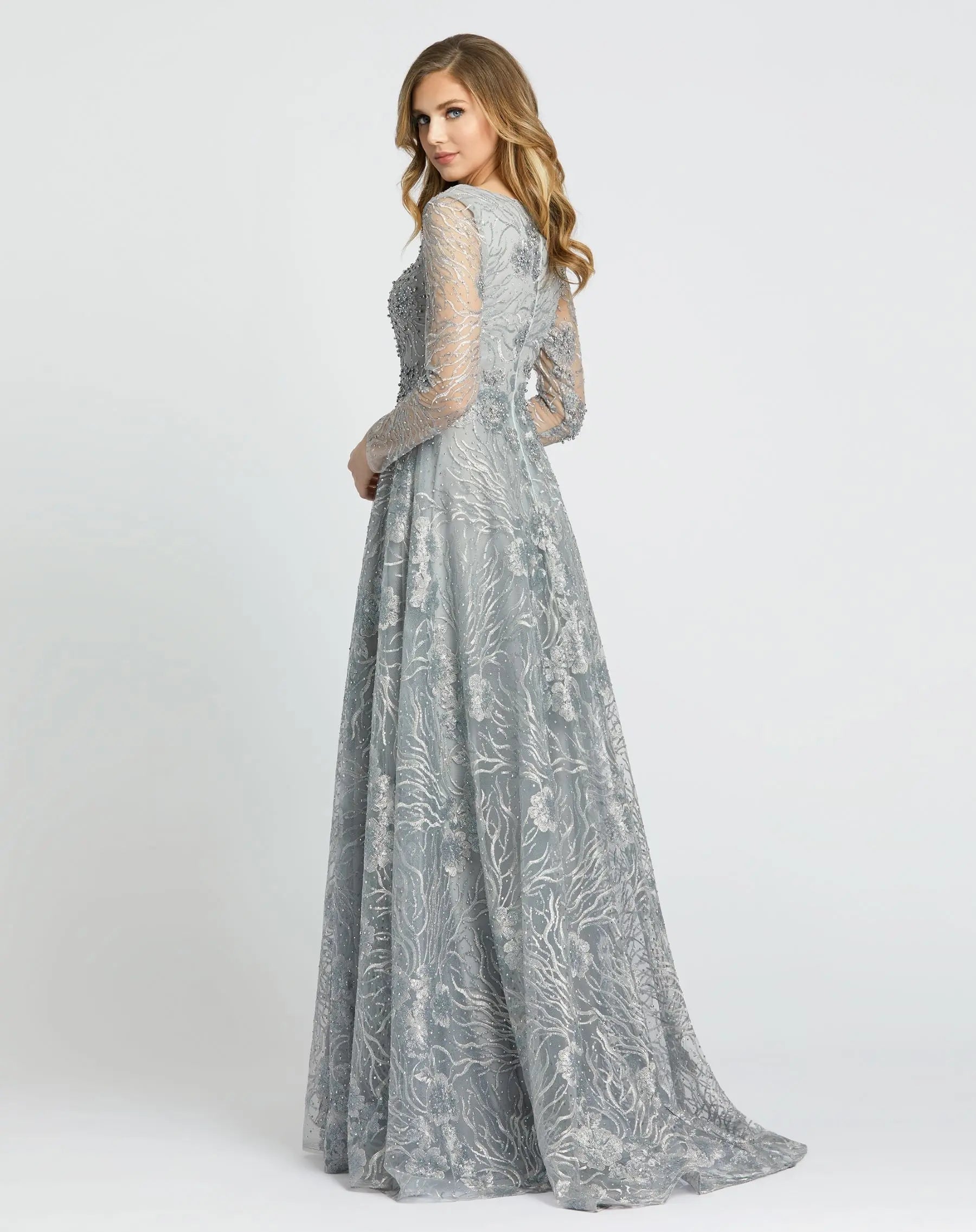 Gray Jewel Encrusted Long Sleeve Square Neck Gown