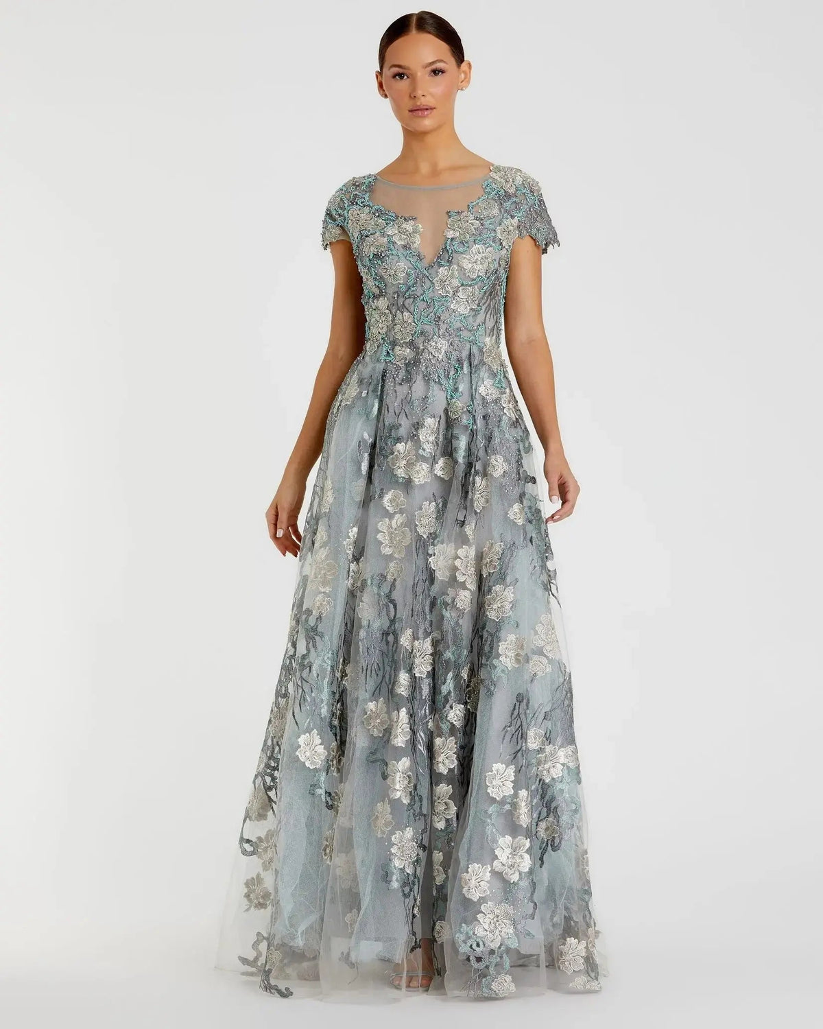 Green Floral Embroidered Short Cap Evening Gown