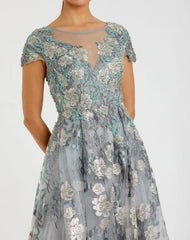 Green Floral Embroidered Short Cap Evening Gown