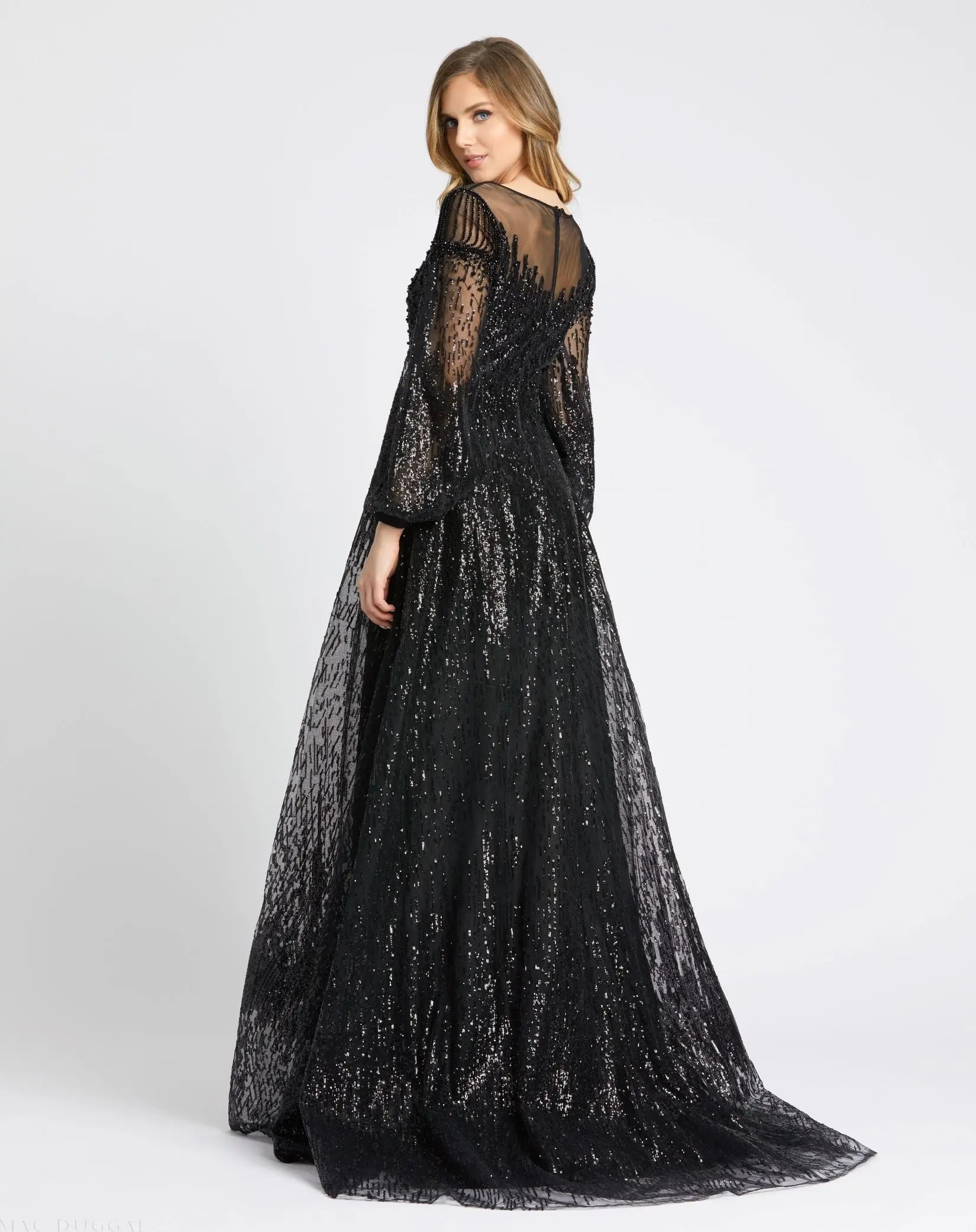Black Jewel Encrusted Illusion Long Sleeve A Line Gown