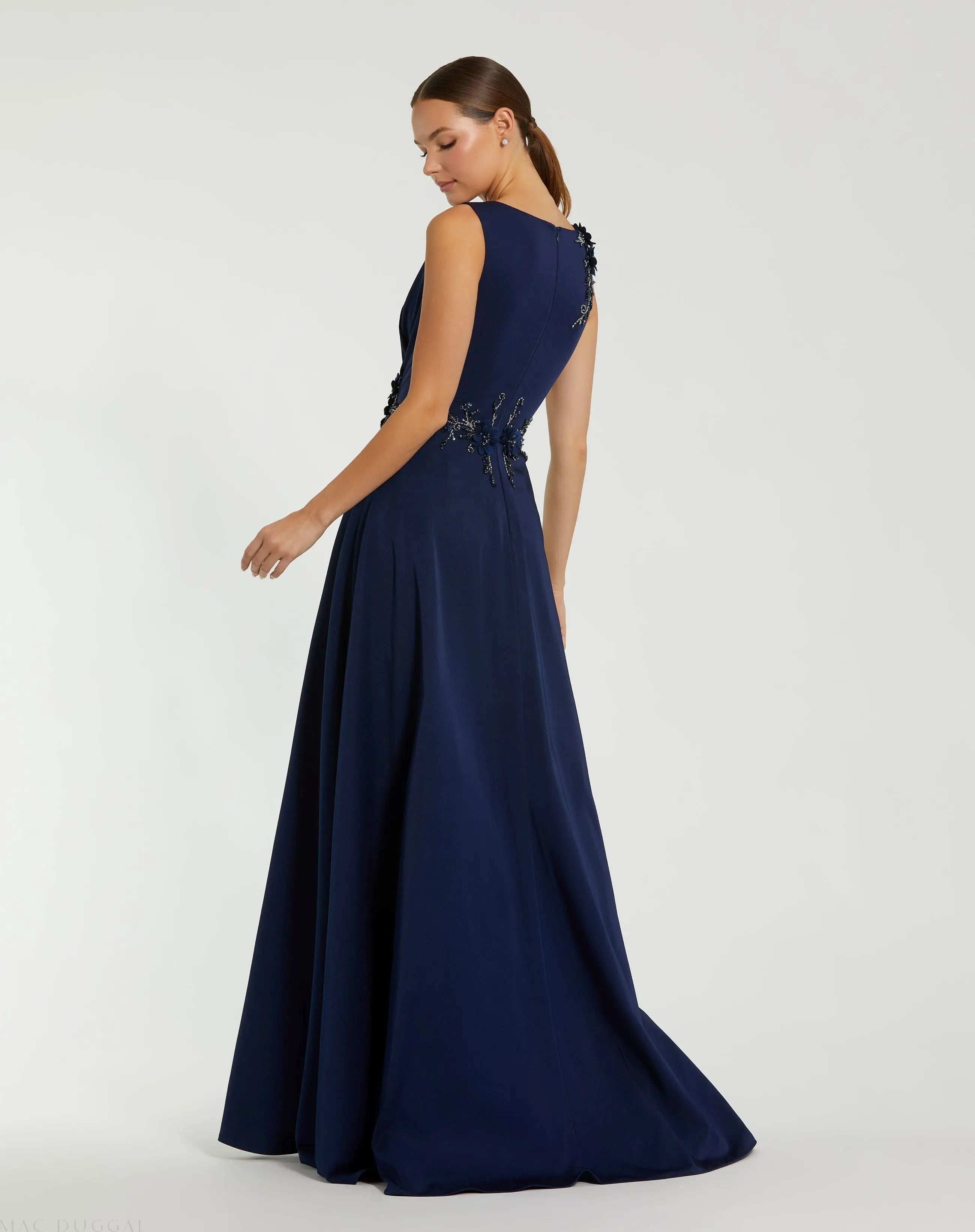 Navy Floral Applique Sleeveless A Line Gown
