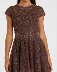 Brown Embellished Cap Sleeve A Line Dress