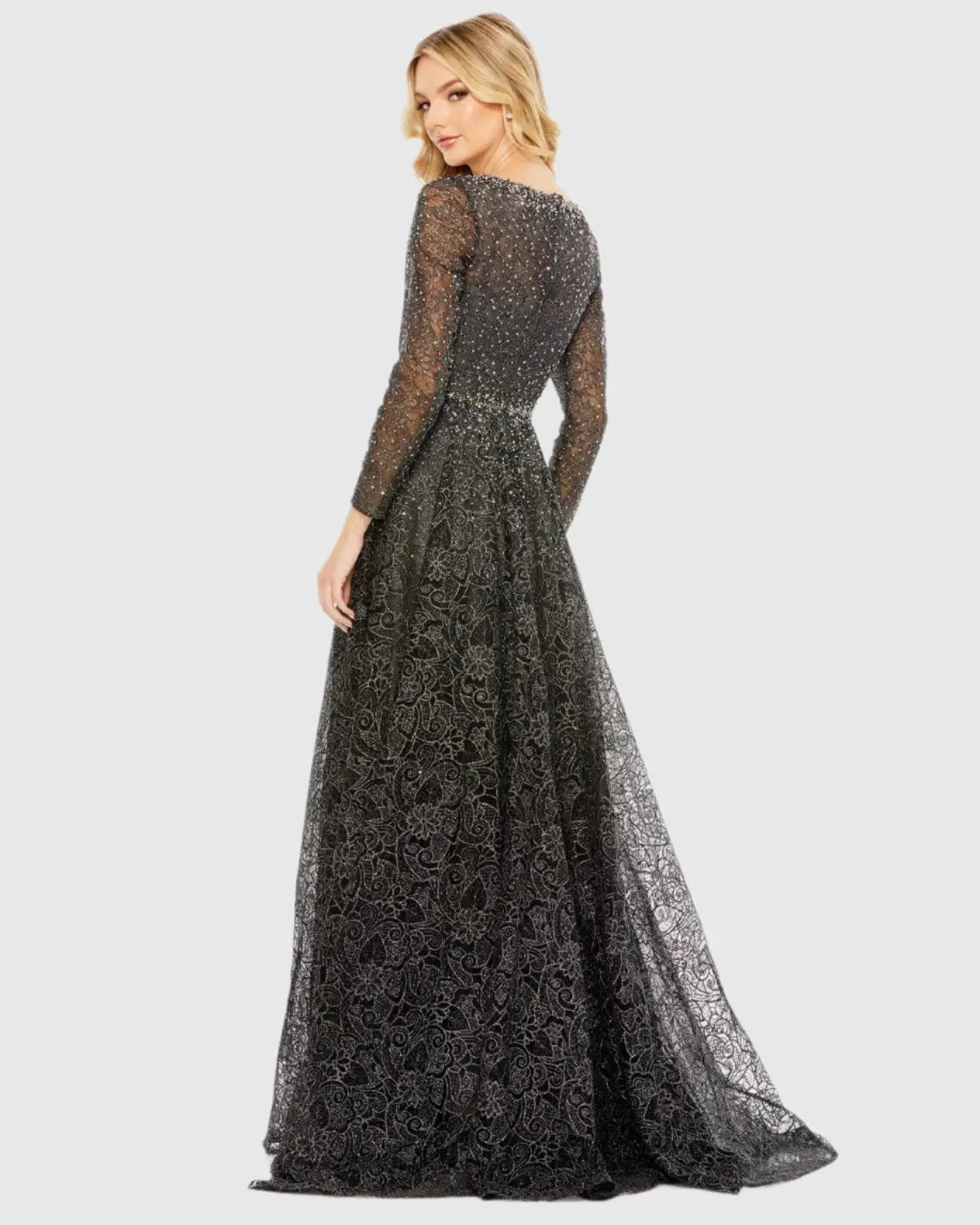 Gray Embellished Illusion Long Sleeve V Neck Gown