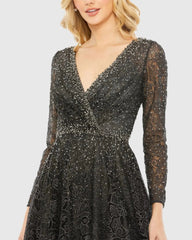 Gray Embellished Illusion Long Sleeve V Neck Gown