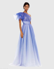 Blue Glitter Ombre Ruffled One Shoulder Ball Gown - FINAL SALE
