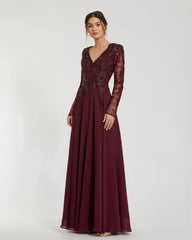 Red Embellished Illusion V Neck Long Sleeve Gown