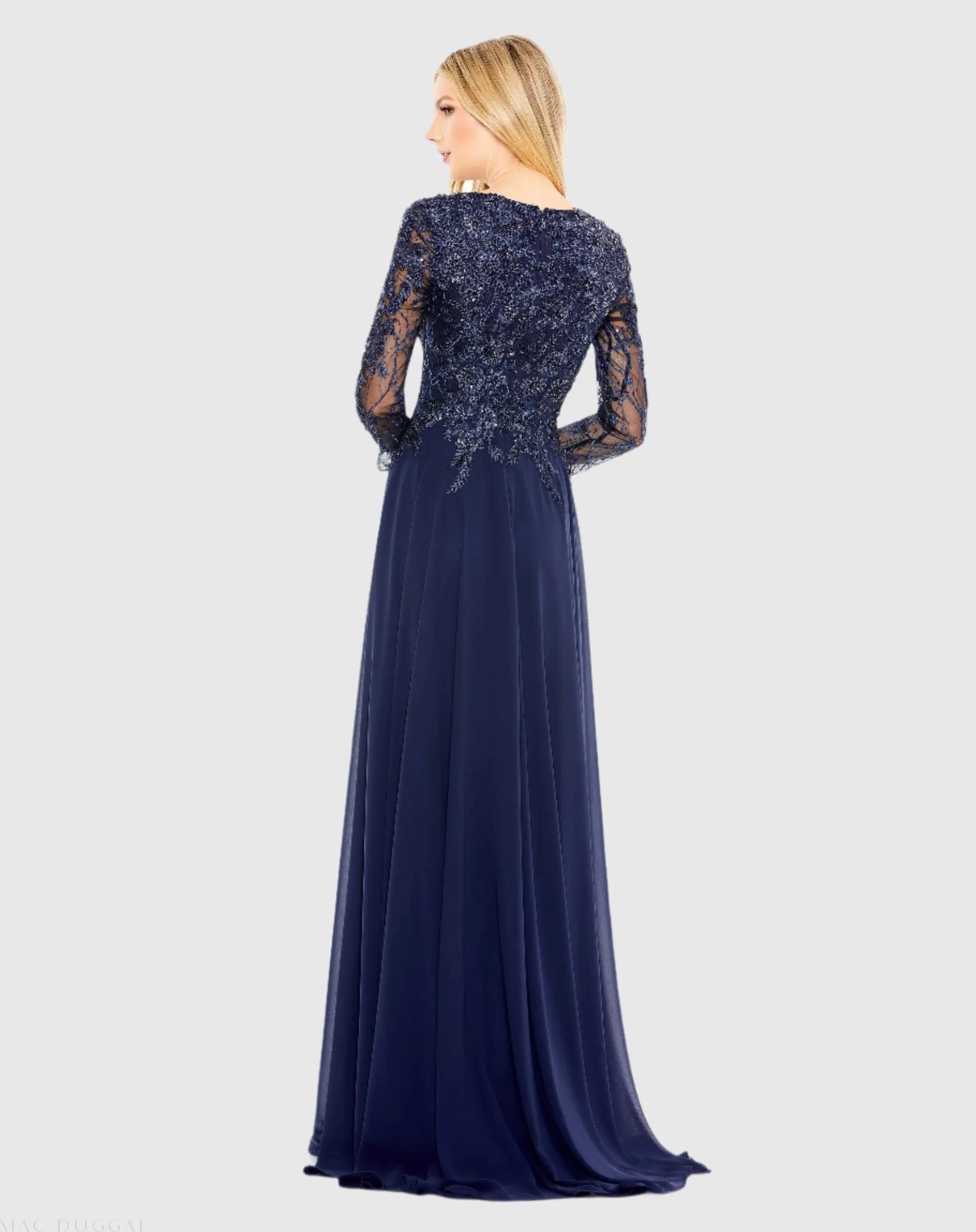 Navy Embellished Illusion V Neck Long Sleeve Gown