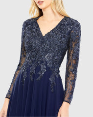 Navy Embellished Illusion V Neck Long Sleeve Gown