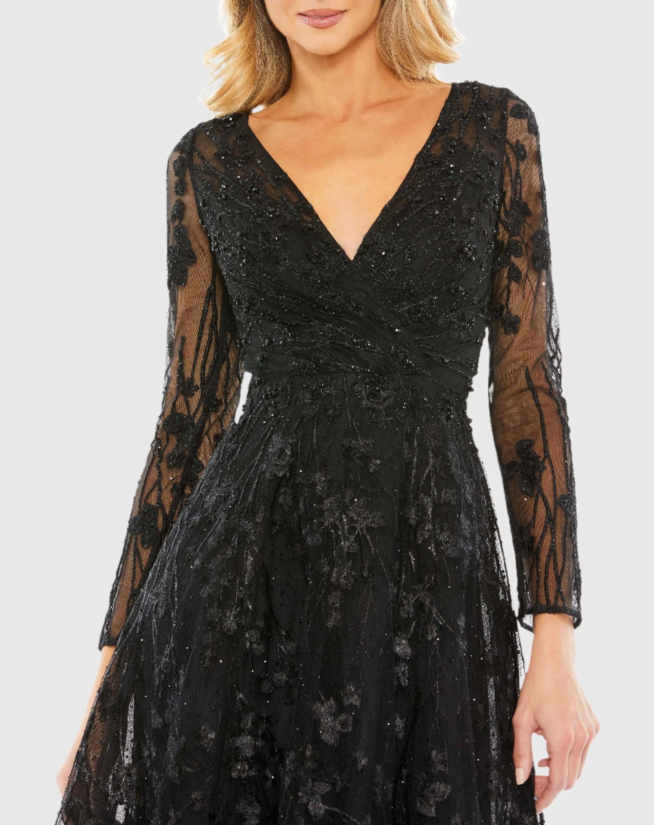 Black Embellished Floral Long Sleeve Dress