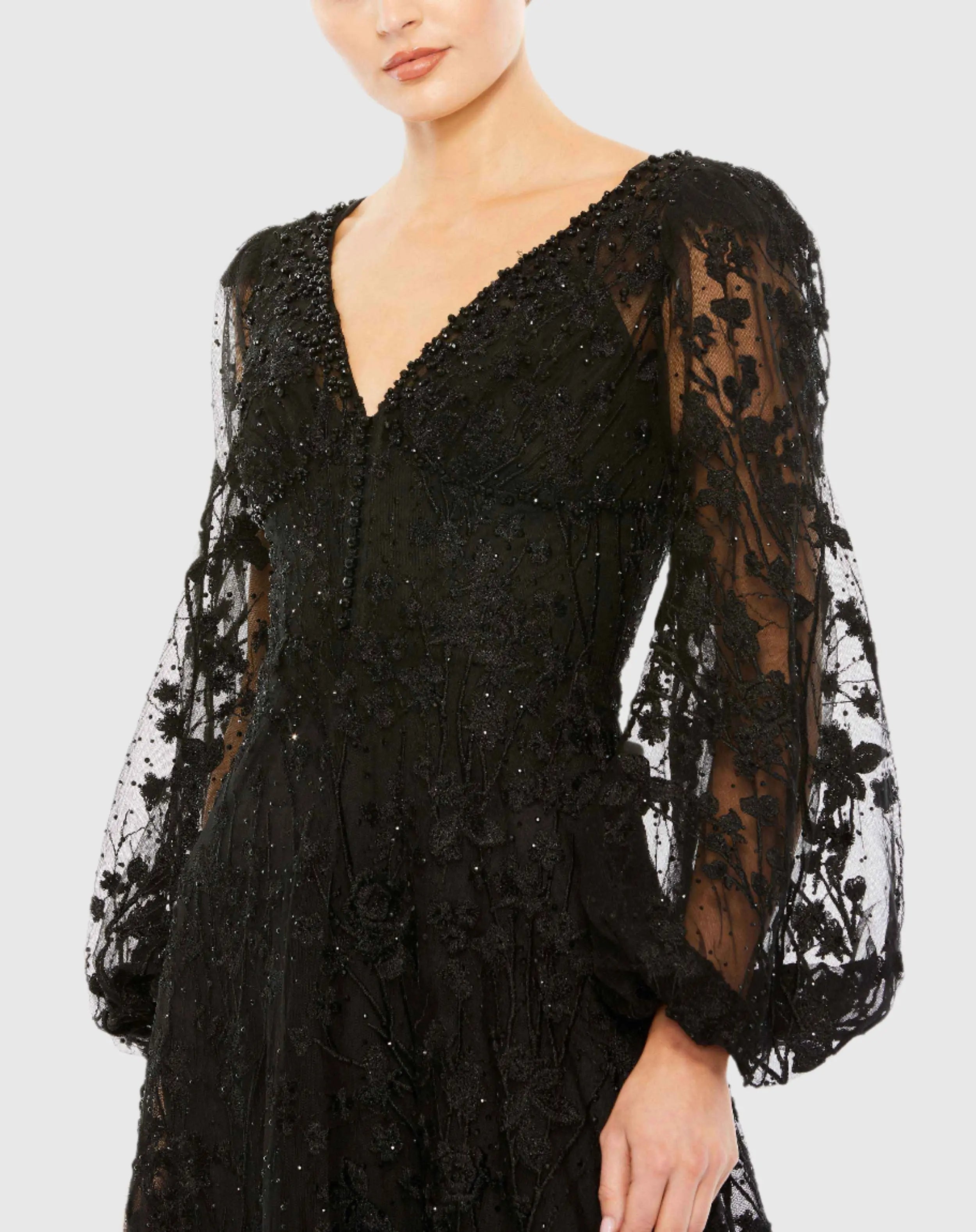 Black Puff Sleeve A-Line Embroidered Gown