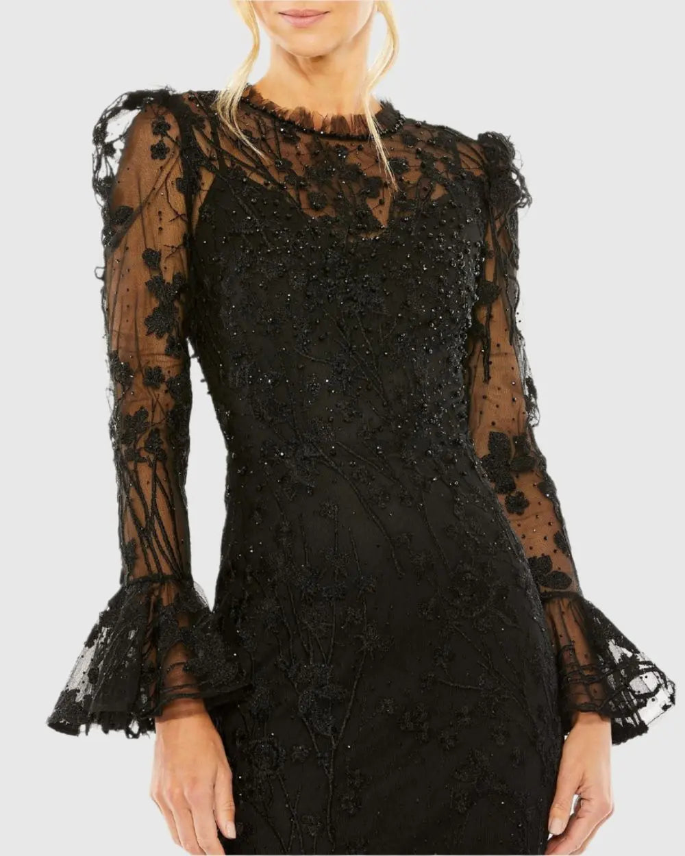 Black Ruffle Wrist Embellished High Neck Midi Dress