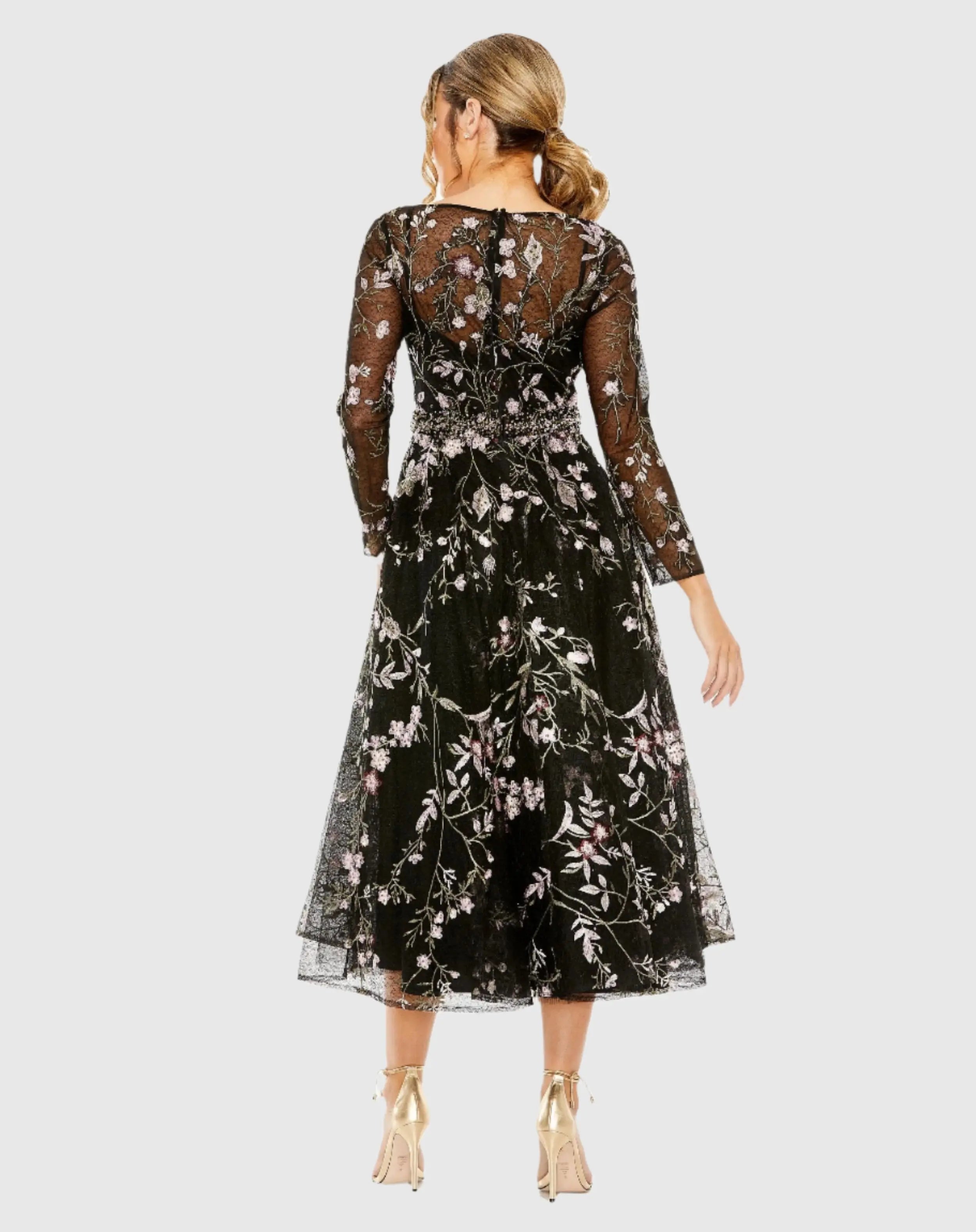 Black High Neck Long Sleeve Embroidered Dress