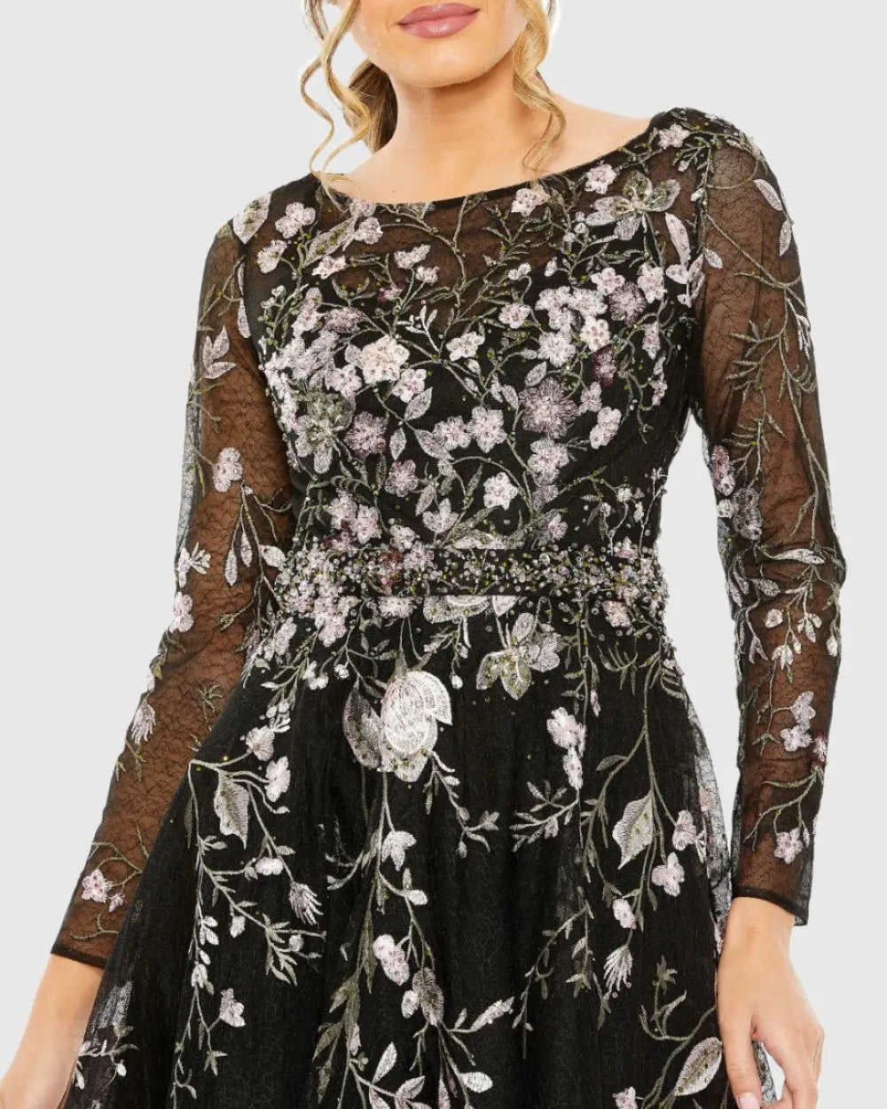 Black High Neck Long Sleeve Embroidered Dress