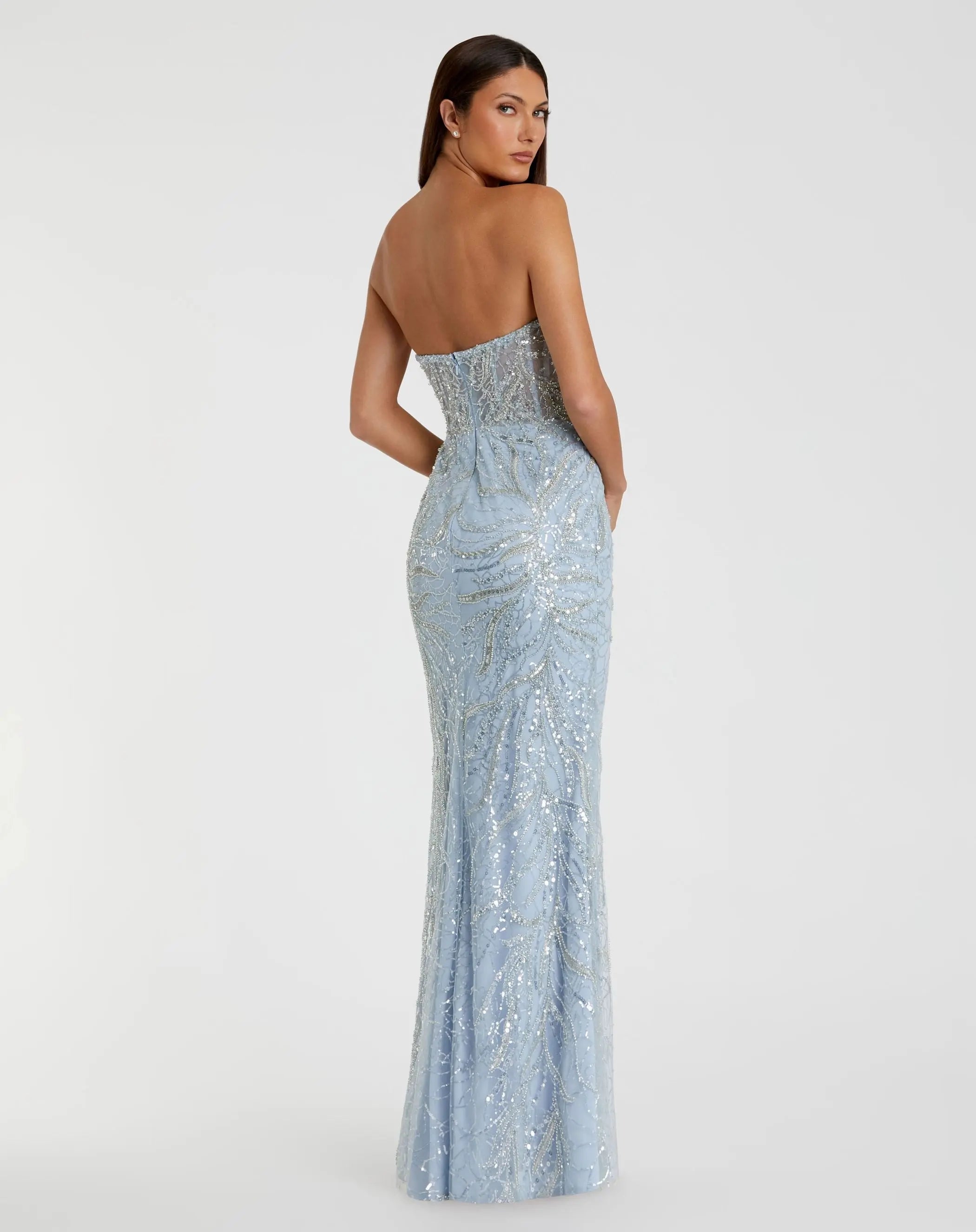Blue Strapless Embellished Trumpet Gown
