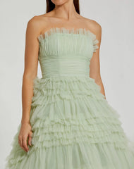 Green Strapless Tulle Ruffle Gown