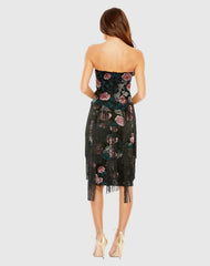 Black Strapless Floral Embroidered Midi Dress With Fringe Detailing