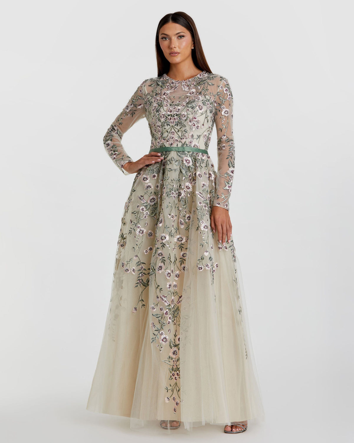 Ivory Long Sleeve Floral Embellished A-Line Gown
