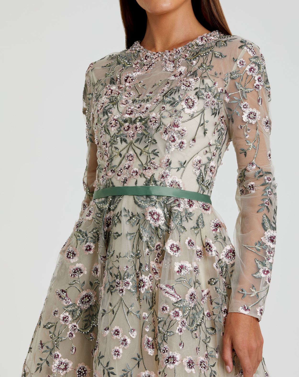 Ivory Long Sleeve Floral Embellished A-Line Gown