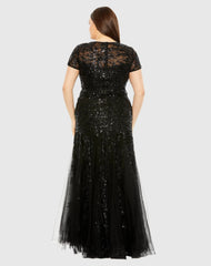Black Hand Embellished Short Sleeve Gown (Plus)