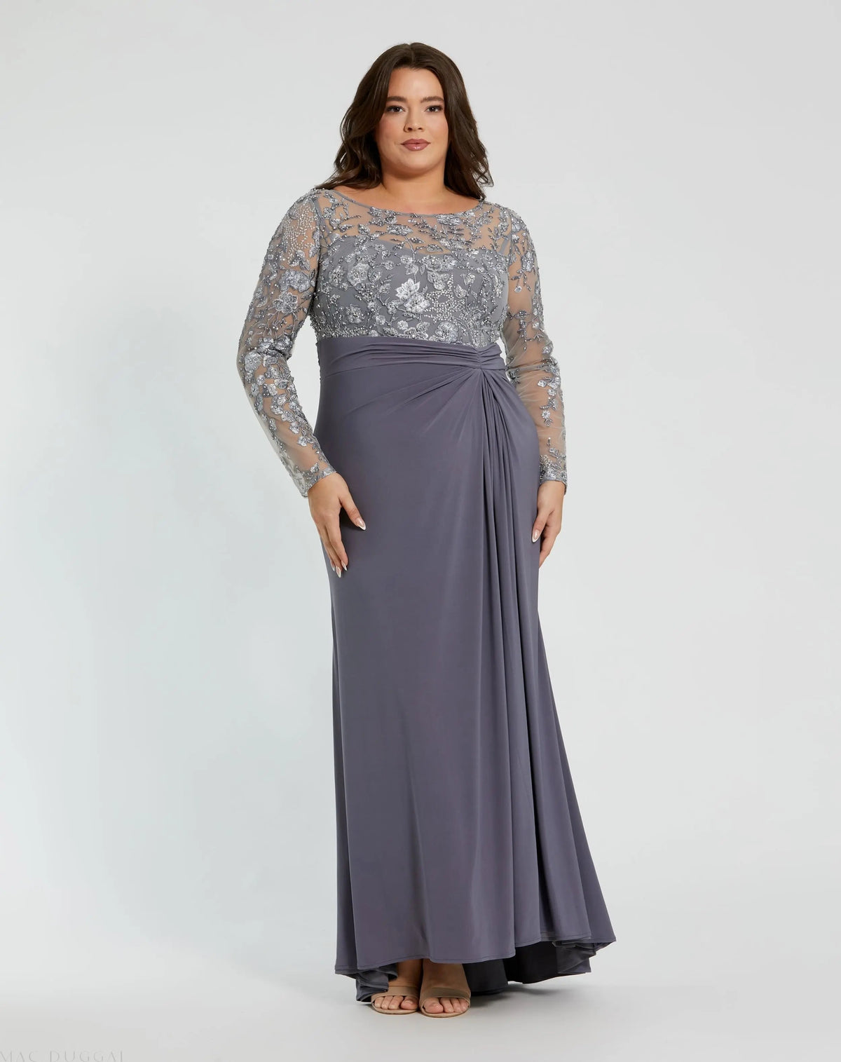 Gray Embroidered Top Jersey Skirt Gown (Plus)