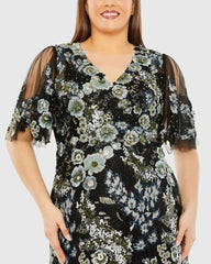 Black Sheer Sleeve V-Neck Floral Embroidered Gown (Plus)