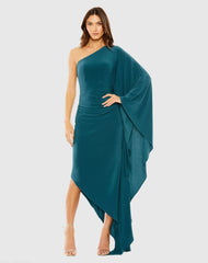 Blue One Shoulder Cape Sleeve Ruched Detail Jersey Dress