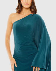 Blue One Shoulder Cape Sleeve Ruched Detail Jersey Dress