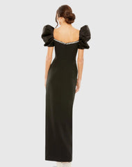 Black Puff Sleeve Beaded Sweetheart Neck High Slit Gown
