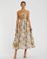 Gold Strapless Brocade Midi Dress with Pockets