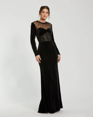 Black Long Sleeve Sheer Top Lace Bustier Velvet Gown
