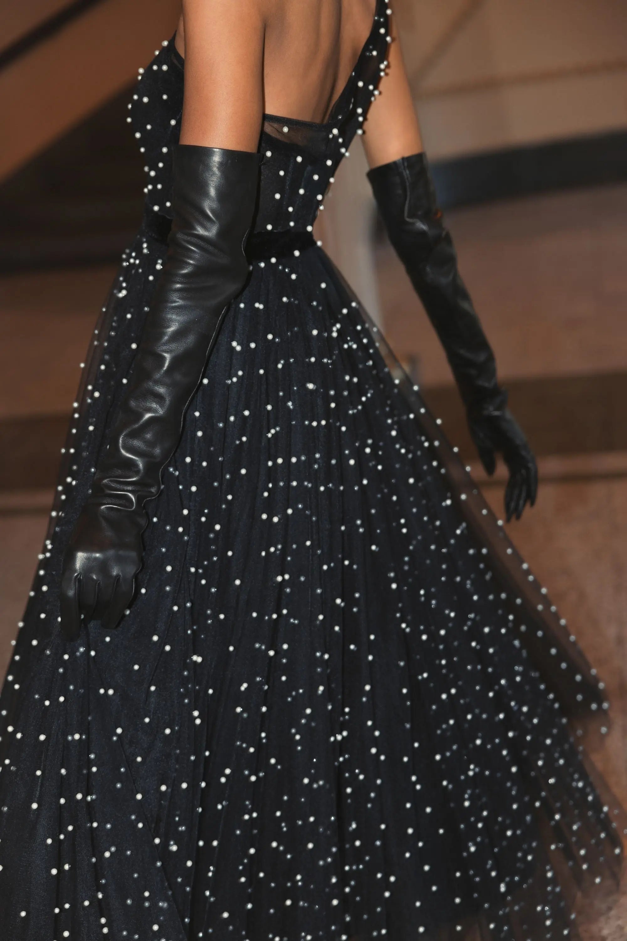 Black One Shoulder Pearl Beaded Midi Ballgown