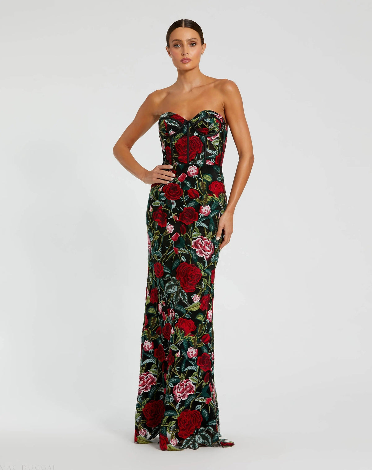 Black Sheer Bustier Top Floral Applique Gown