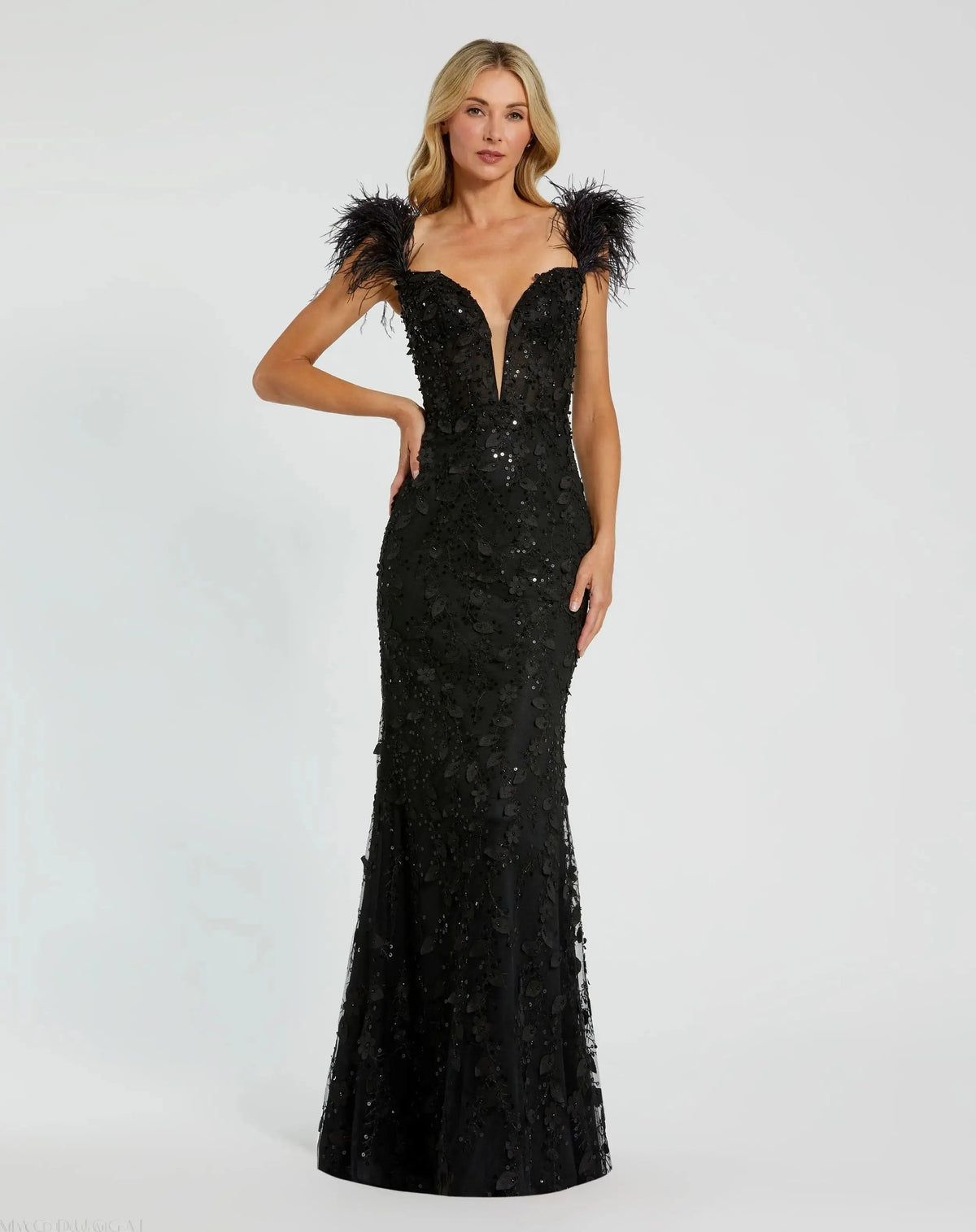Black Sheer Applique Bustier Gown with Feather Straps
