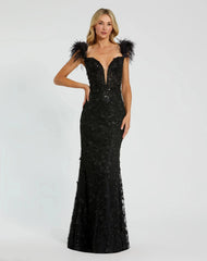Black Sheer Applique Bustier Gown with Feather Straps